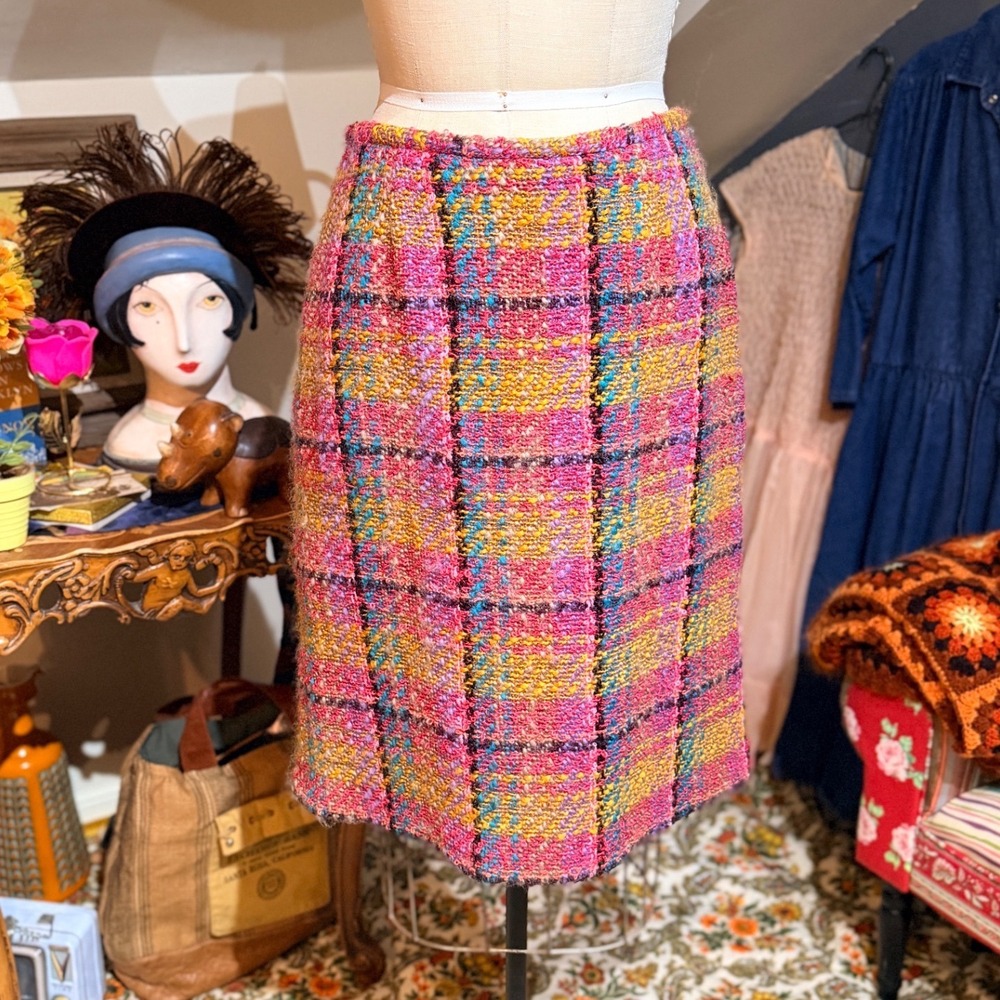 Vintage‎ GERARD DAREL Wool Tweed Slub Yarn Pink Plaid Mini Skirt Women Size 42 - Picture 9 of 10